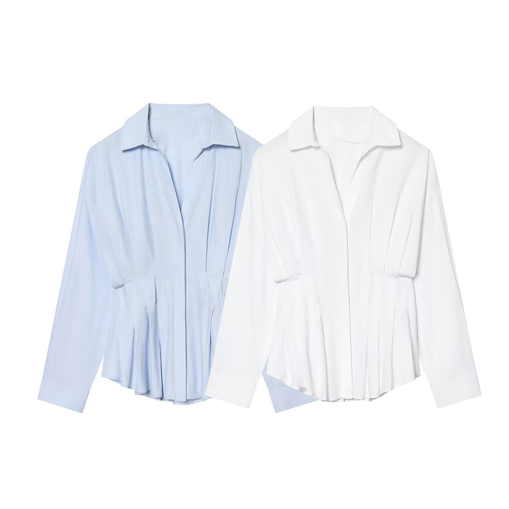 Women's pleated decorative casual poplin shirt